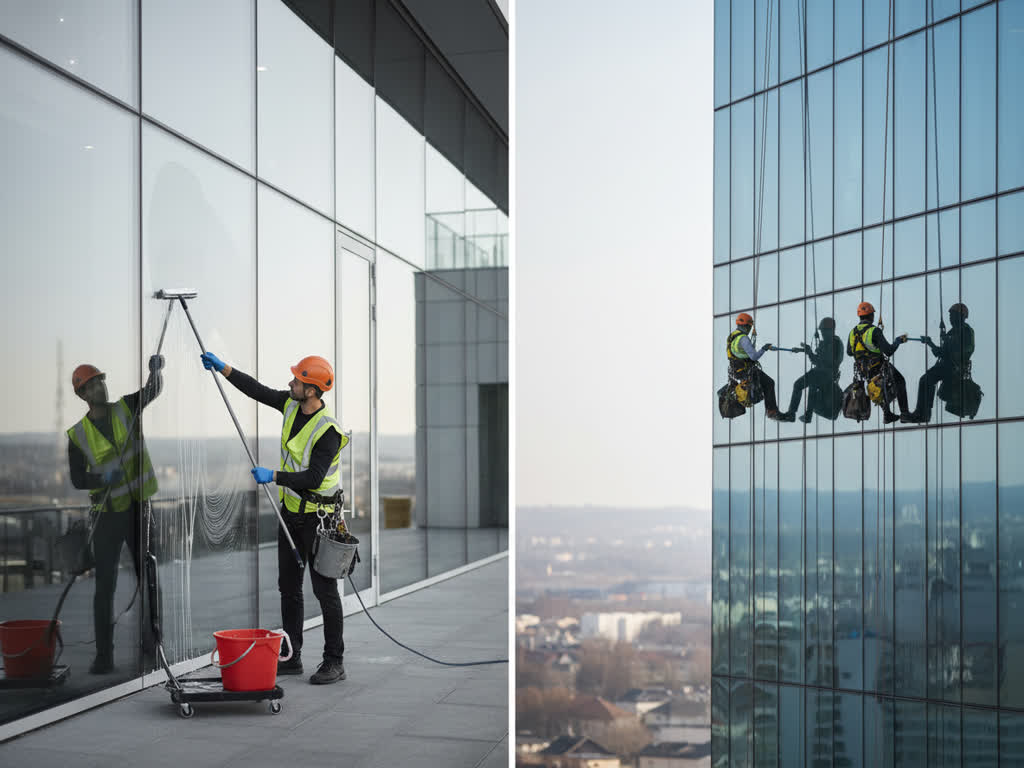 Comparativa de lavado de vidrios: métodos tradicionales vs trabajos en altura en fachada de edificio de vidrio