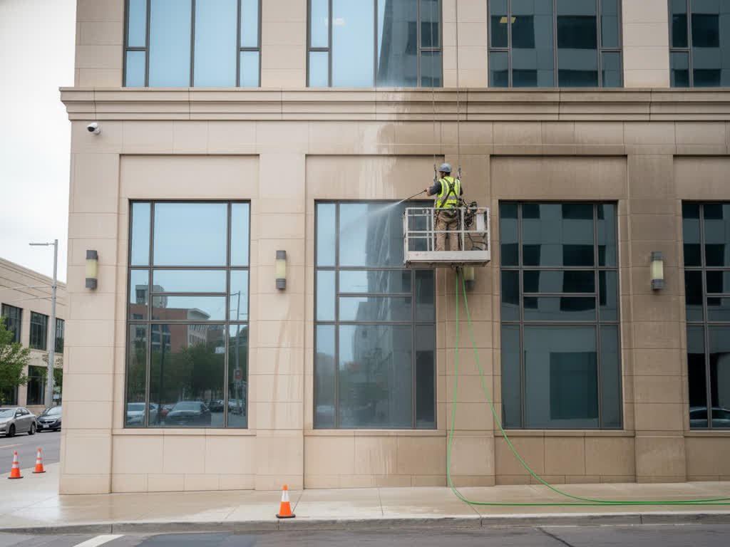 Técnico limpiando fachada de edificio con lavado a presión